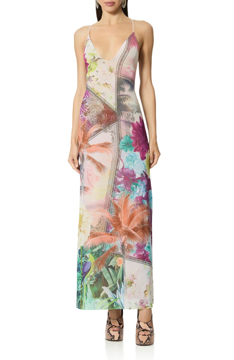 AFRM Romy Postcard Print Mesh Slipdress, Main, color, Vacation Tropic