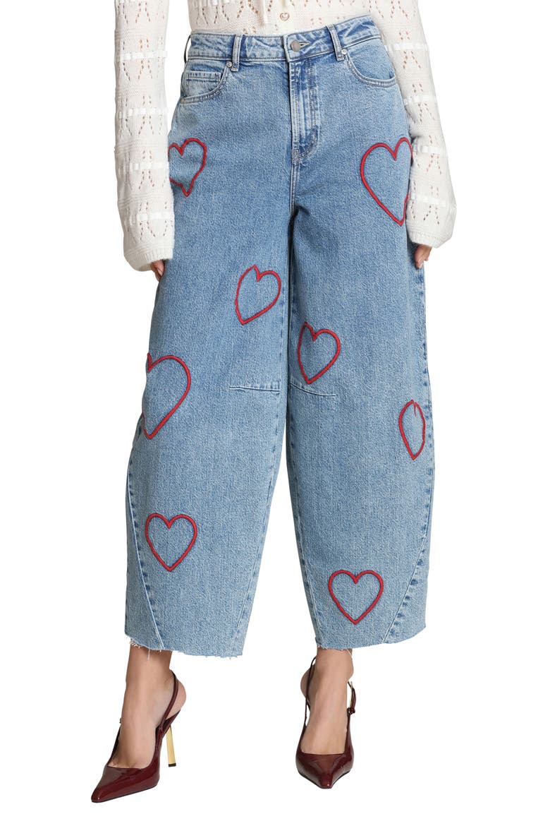 Heart Embroidered Barrel Jeans, Main, color, RED MAEVE/ BLUE WASH