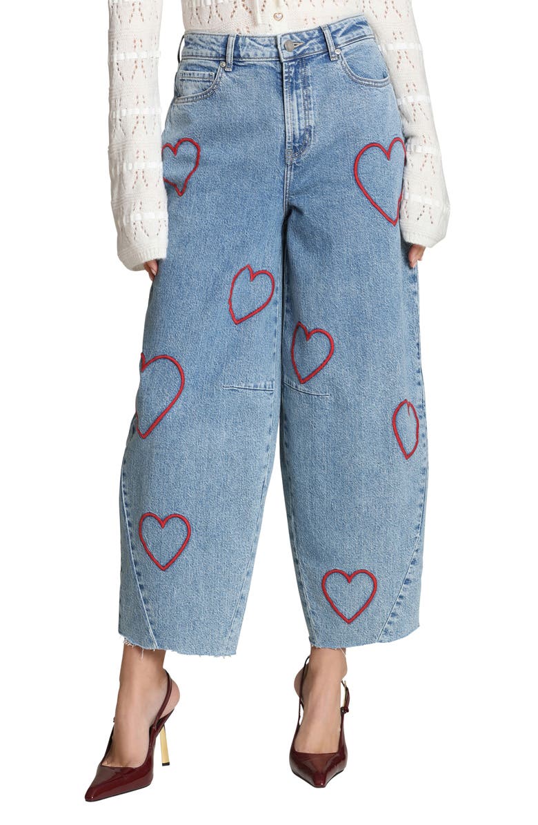 Avec Les Filles Heart Embroidered Barrel Jeans, Main, color, Red Maeve/ Blue Wash