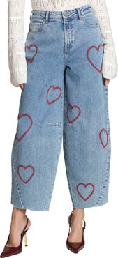 Avec Les Filles Heart Embroidered Barrel Jeans