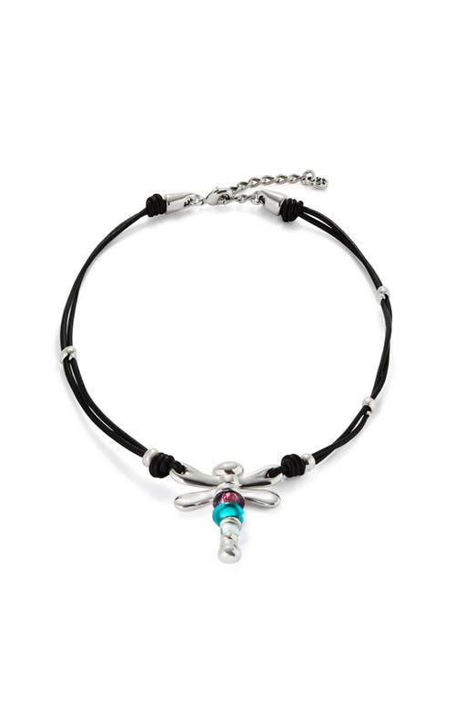 Unode50 Leather Necklace With Sterling Silver-plated Dragonfly And Crystals In Black