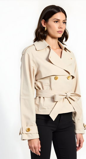 Cropped Double-Breasted Trench Jacket with Waist Tie