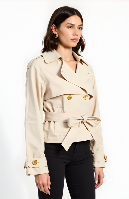 Modenaire Cropped Double-breasted Trench Jacket With Waist Tie In Neutral