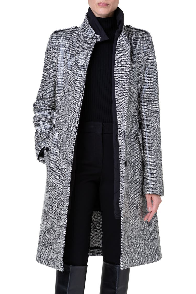 Lacquered Tweed Rain Coat with Removable Lining, Main, color, BLACK-CREAM