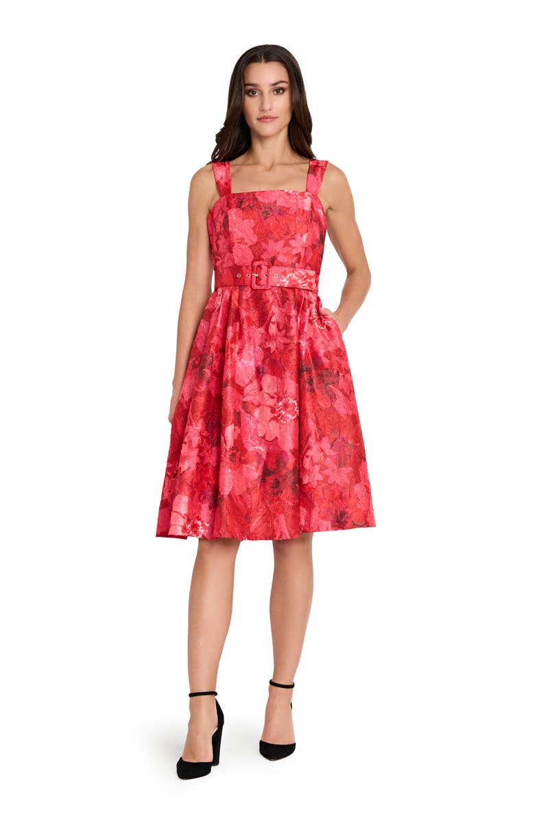Tahari ASL Floral Print Crinkle Belted Dress, Alternate, color, Crimson