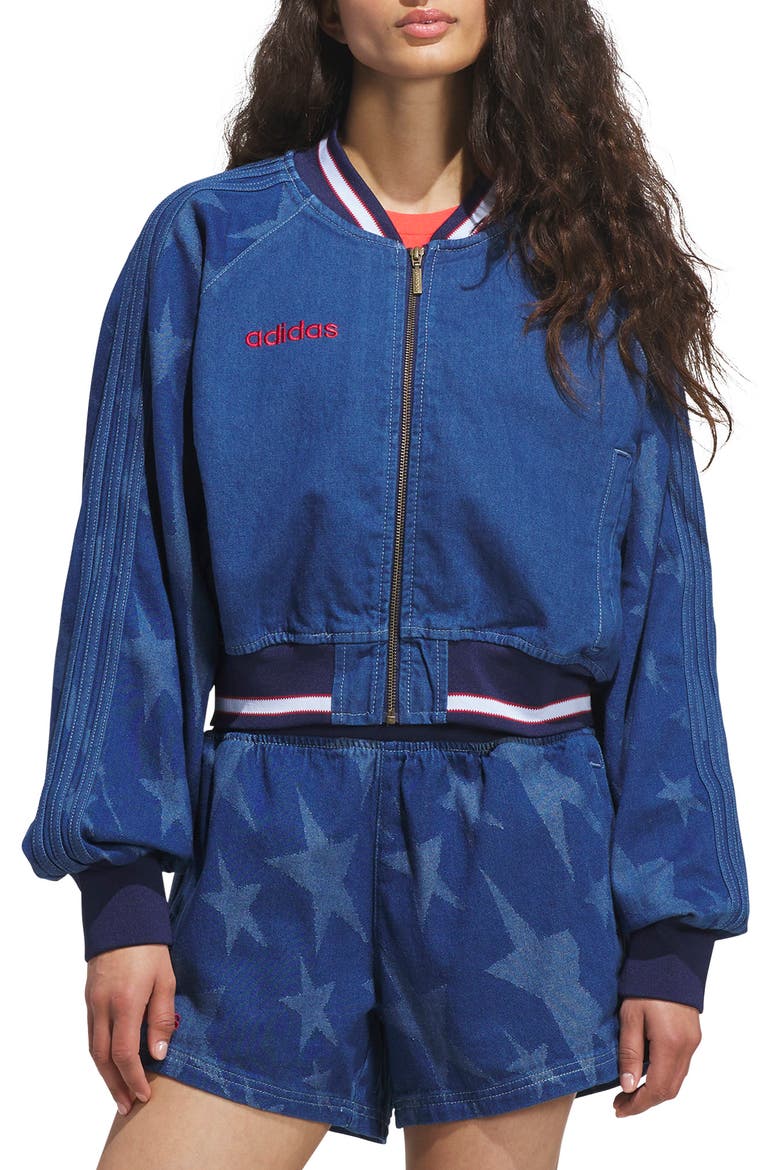 SST Denim Graphic Varsity Bomber Jacket, Main, color, MEDIUM BLUE DENIM
