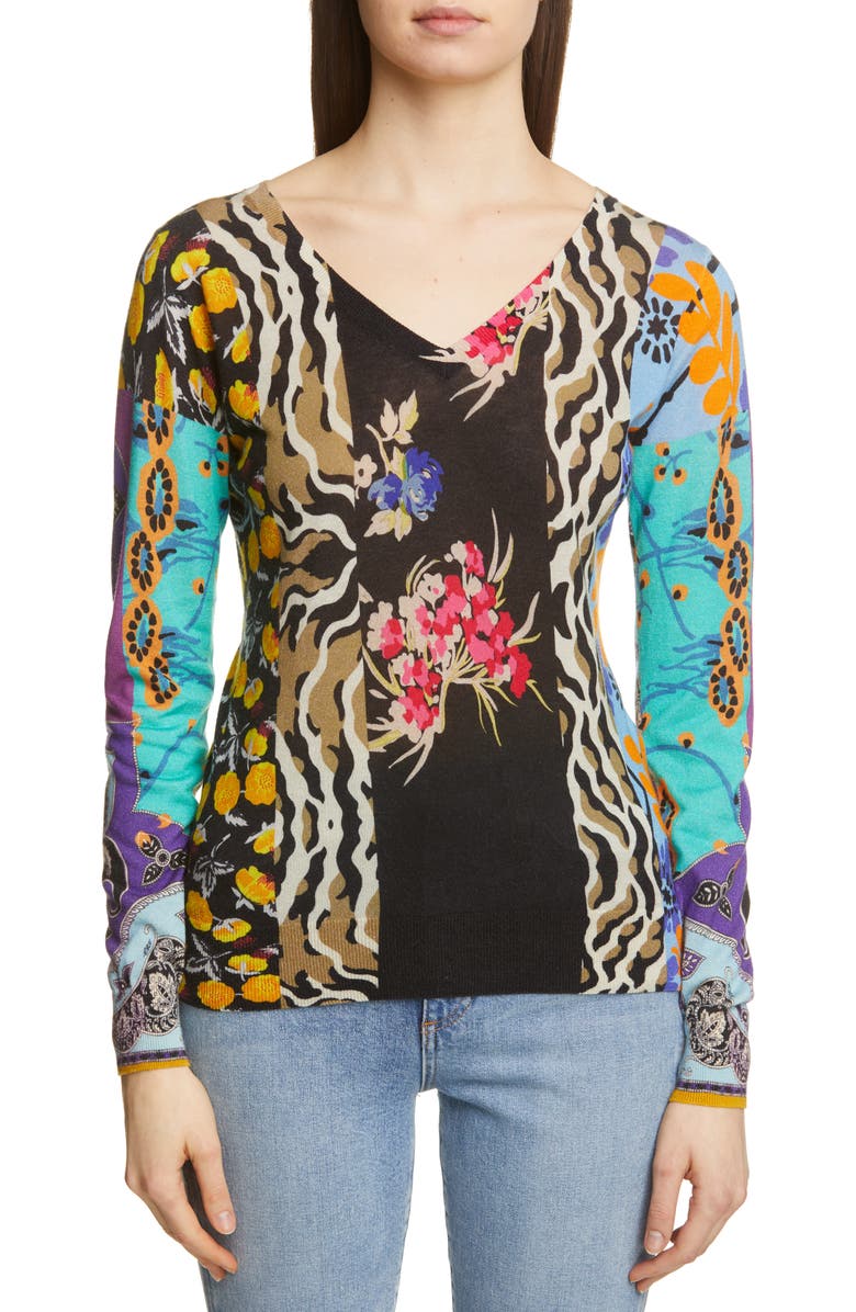 Etro Patchwork Print Silk & Cashmere Blend Sweater, Main, color,