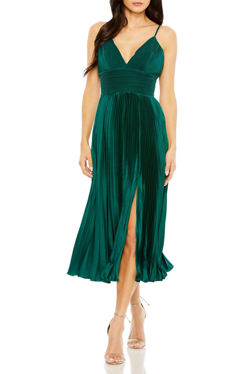 Mac Duggal Ruched Bodice Pleated Dress with Slim Straps, Main, color, Emerald