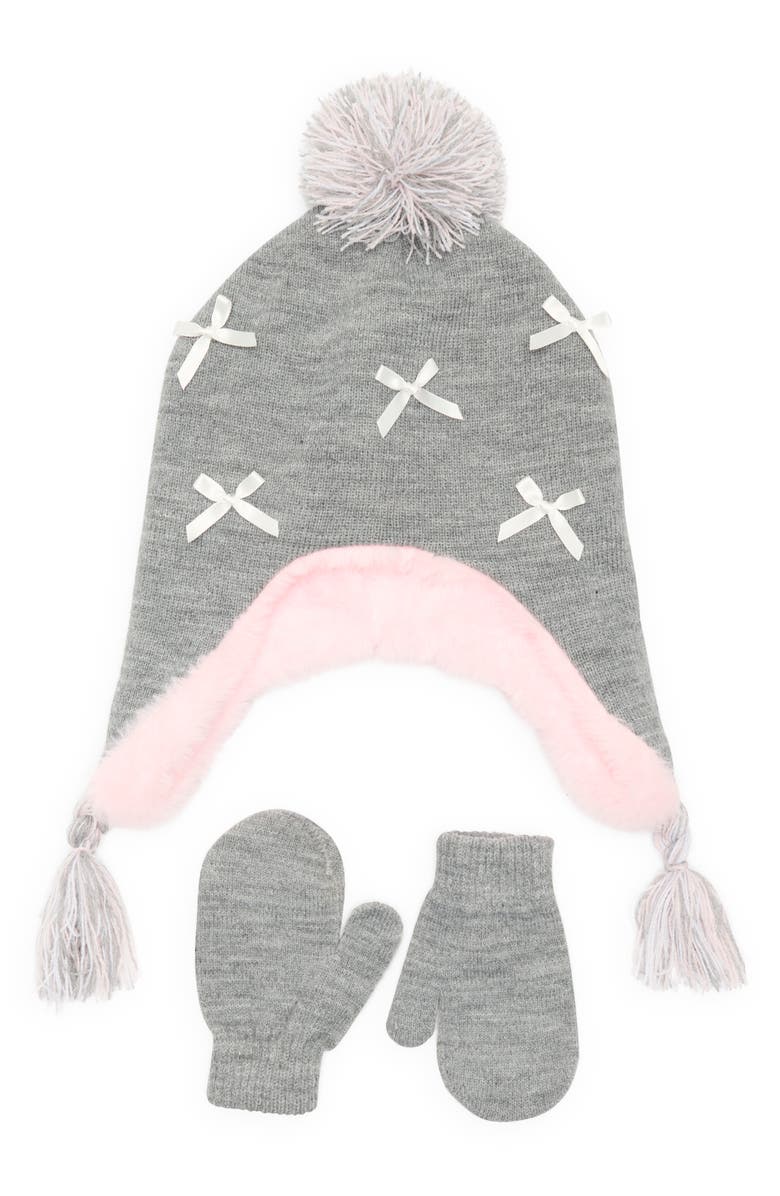 Capelli New York Bow Pompom Trooper Hat & Mittens Set, Main, color, Grey Combo