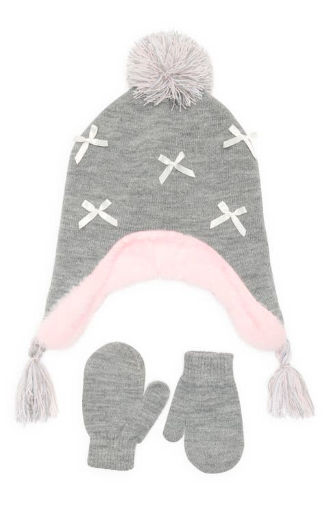 Bow Pompom Trooper Hat & Mittens Set (Toddler)