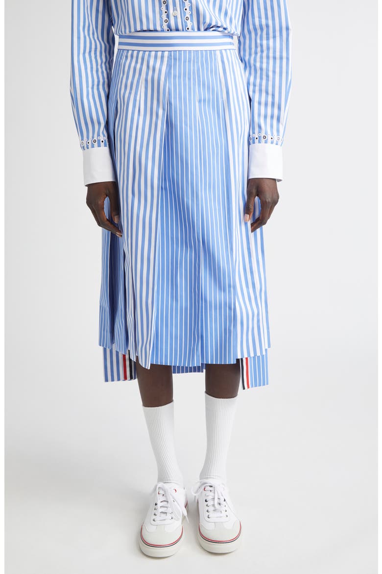Awning Stripe Pleated Cotton Poplin Skirt, Main, color, MEDIUM BLUE