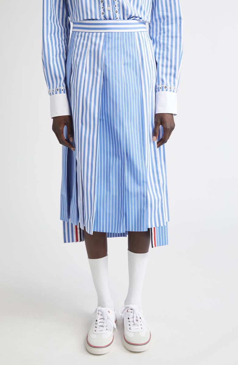Thom Browne Awning Stripe Pleated Cotton Poplin Skirt, Main, color, Medium Blue