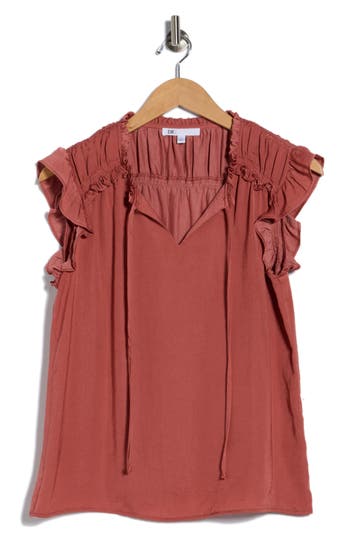 Dr2 By Daniel Rainn Satin Ruffle Split Neck Top In Blue