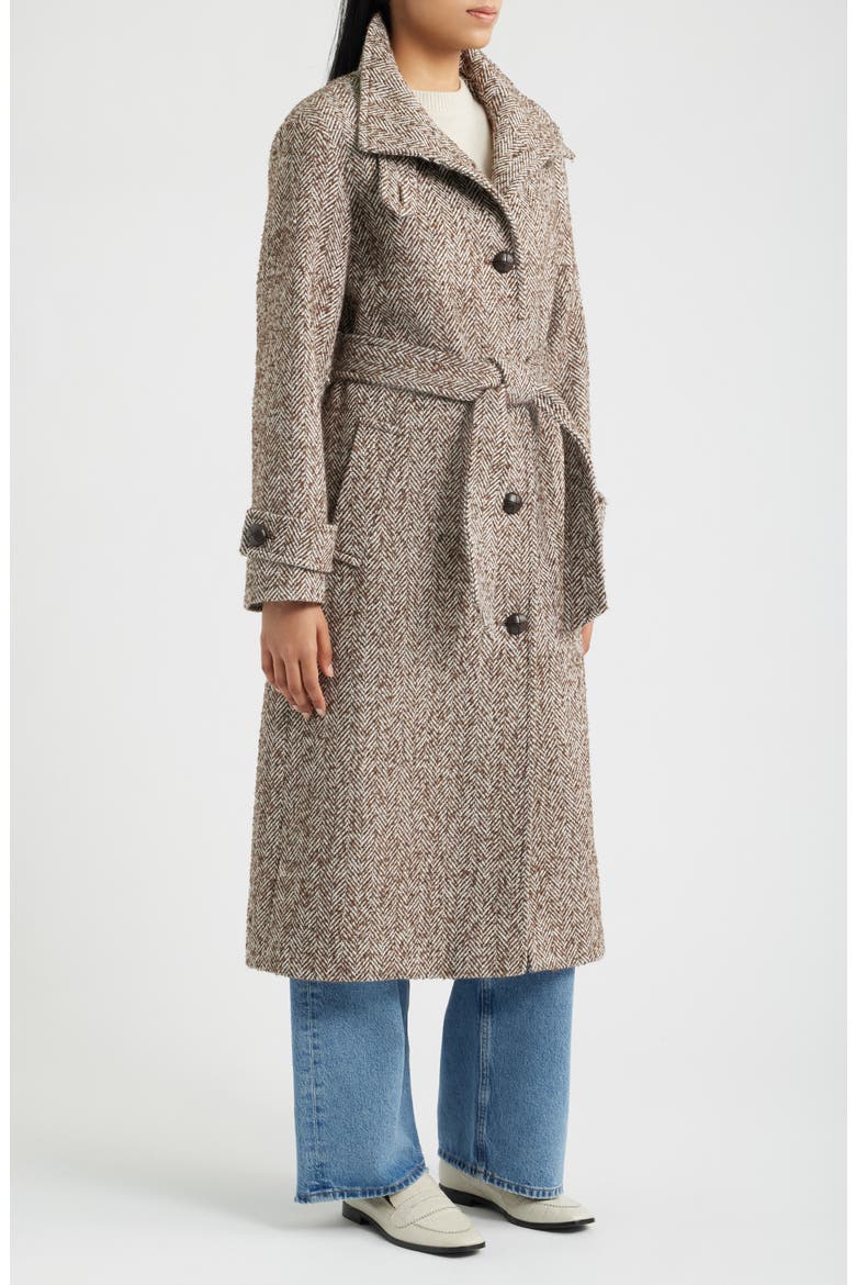 Stand Collar Wrap Coat, Alternate, color, BROWN HERRINGBONE