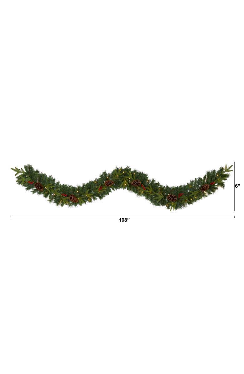 NEARLY NATURAL 9-ft Mixed Pine Artificial Christmas Garland with 50 Clear LED Lights, Berries and Pinecones, Alternate, color, Green