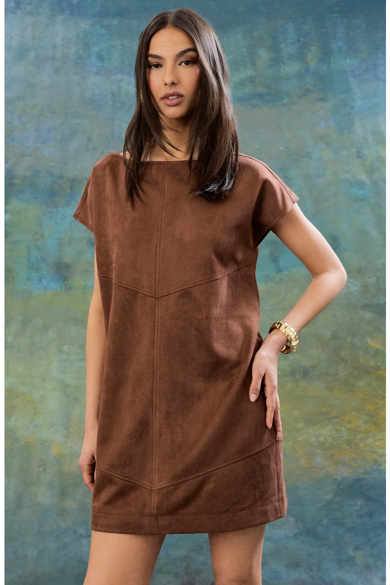 Faux Suede Minidress, Alternate, color, DOWNTOWN BROWN