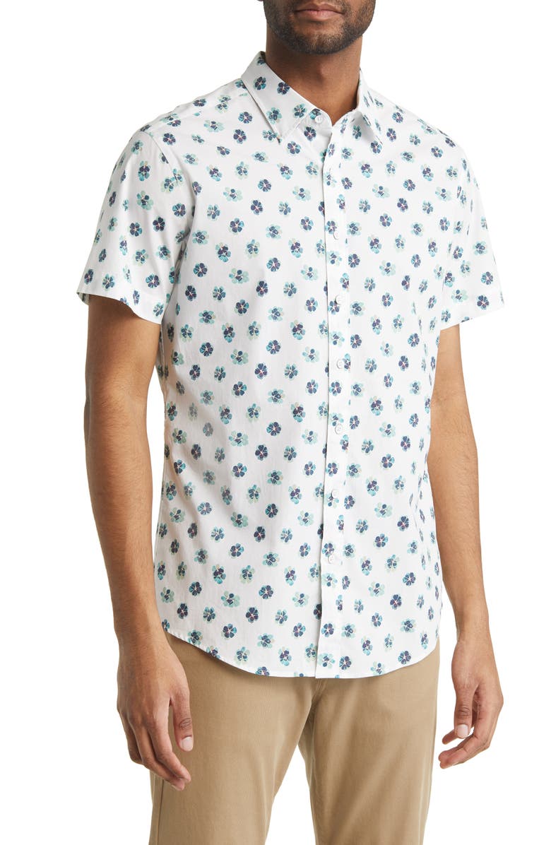 Rodd & Gunn Cobden Grove Sport Fit Floral Short Sleeve Cotton Button-Up Shirt, Main, color, Aqua
