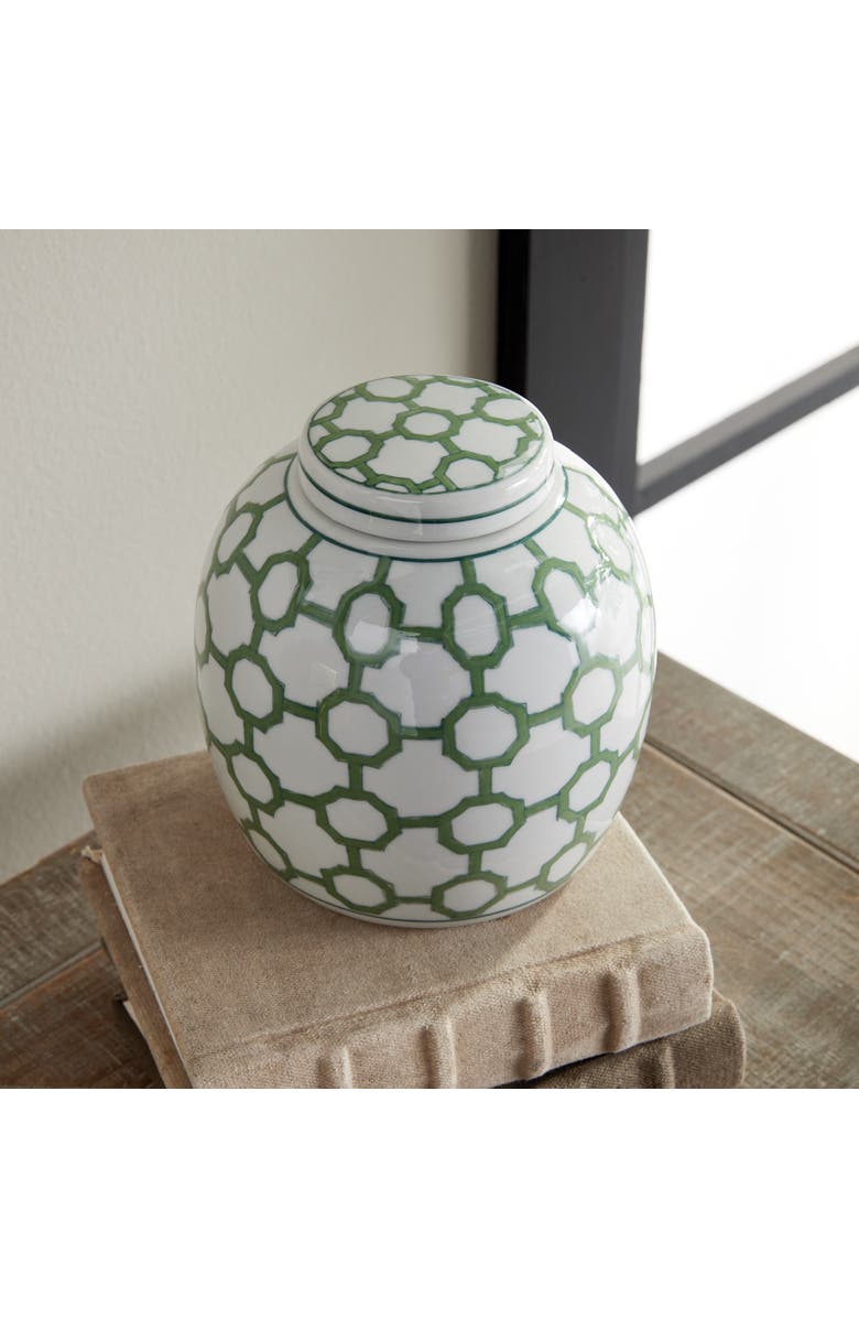 Napa Home & Garden 5.5" Imperial Link Chinoiserie Green & White Porcelain Lidded Jar Accent Piece, Alternate, color, Green