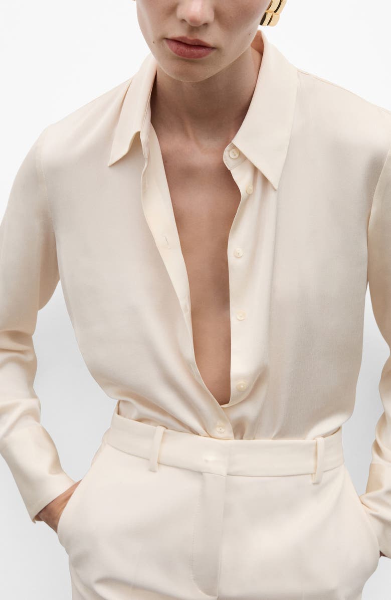 MANGO Flowy Satin Button-Up Shirt, Alternate, color, Off White