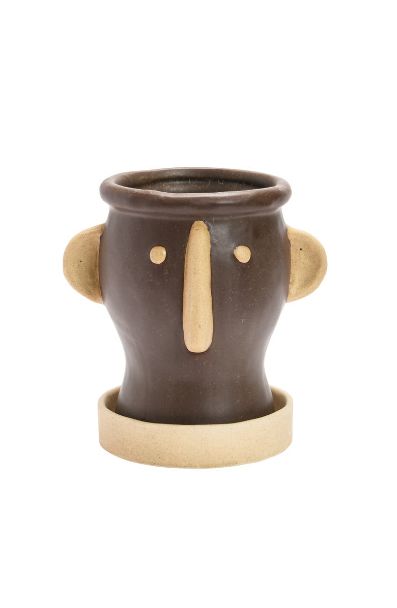Storied Home Stoneware Face Planter with Saucer, Main, color, Brown