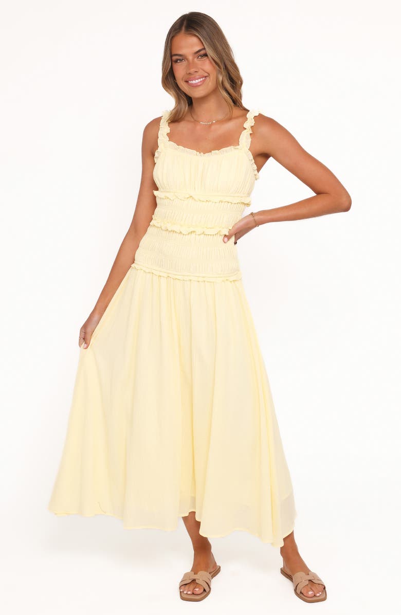 Petal & Pup Enola Shirred Ruffle Trim Midi Dress, Alternate, color, Yellow