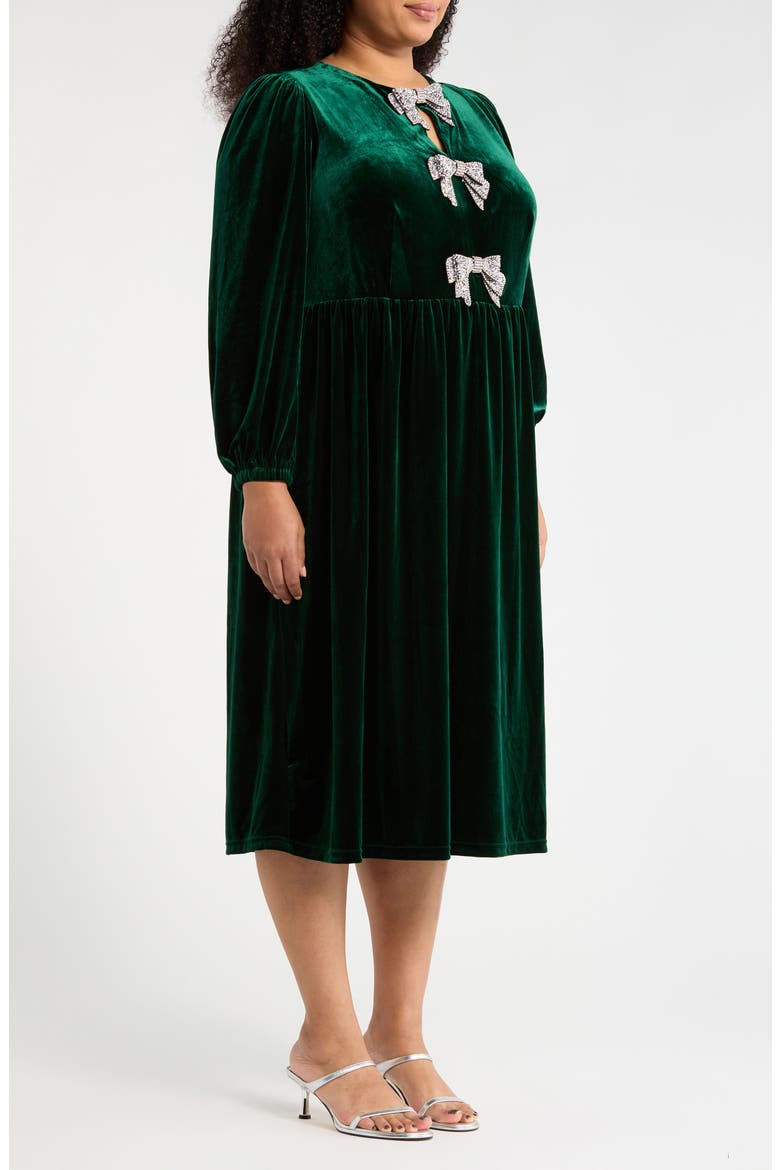 Jena Glow Bow Long Sleeve Velvet Midi Dress, Alternate, color, EMERALD