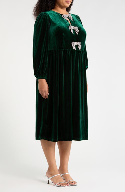 Sugarlips Jena Glow Bow Long Sleeve Velvet Midi Dress In Green