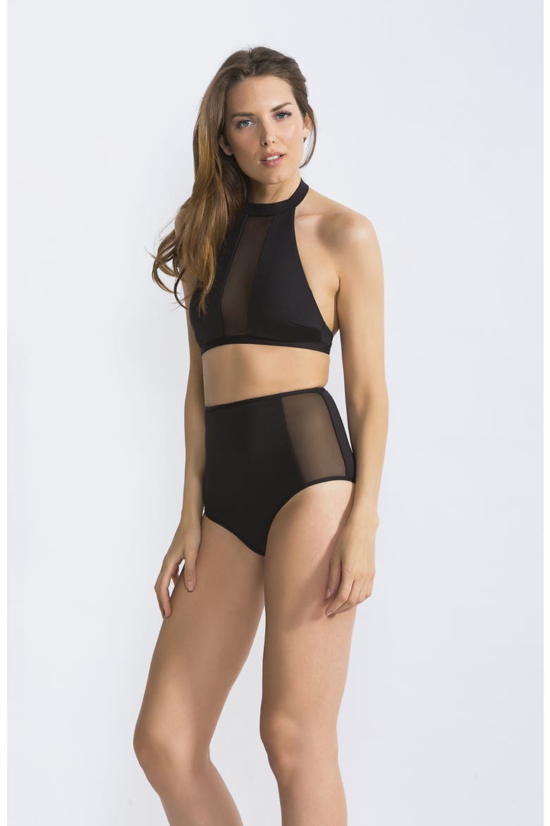 High-Neck Center-Front Mesh Bikini Set, Alternate, color, Black
