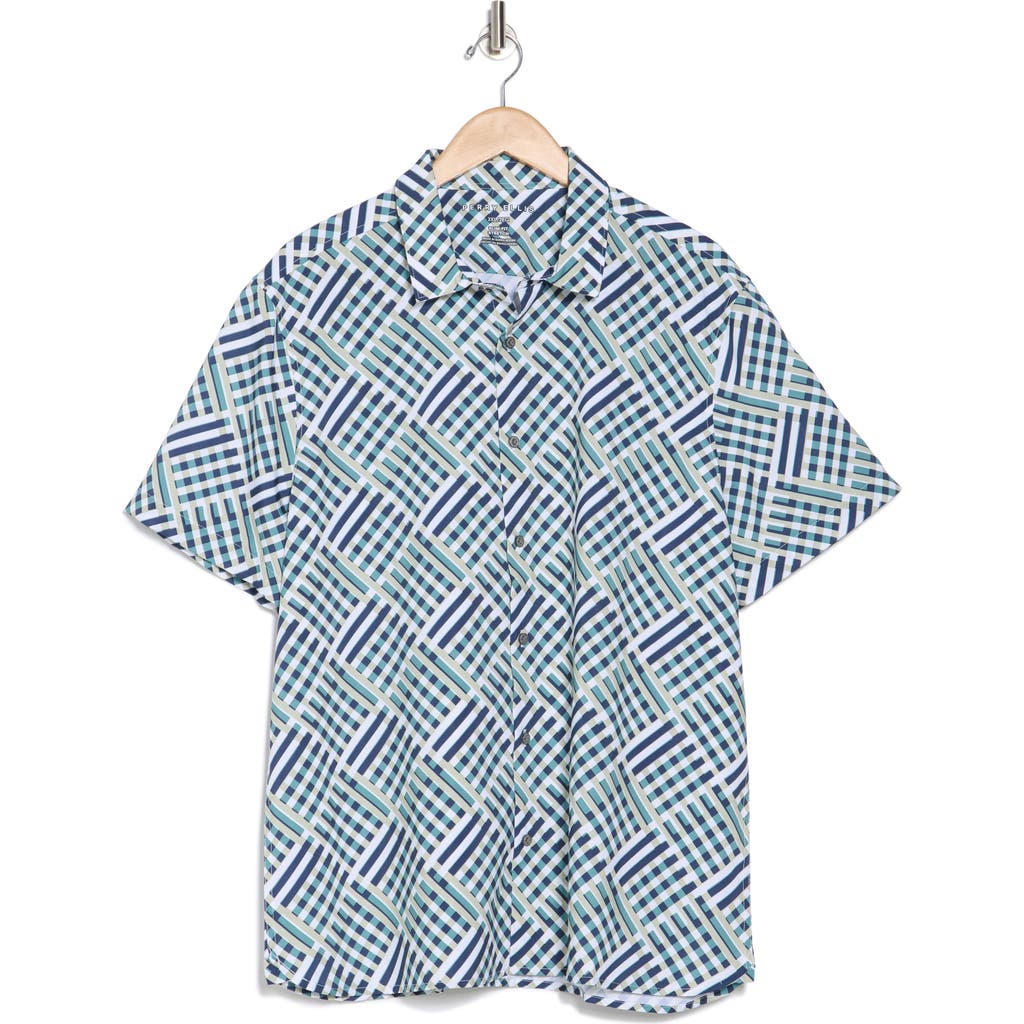 Perry Ellis Slim Fit Triangle Short Sleeve Stretch Button-up Shirt In Arctic