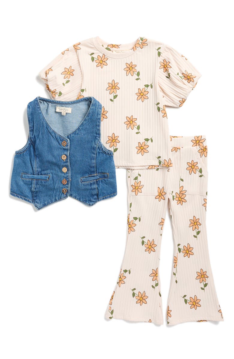 Jessica Simpson Kids' Rib Top, Flared Leggings & Denim Vest Set, Main, color, 