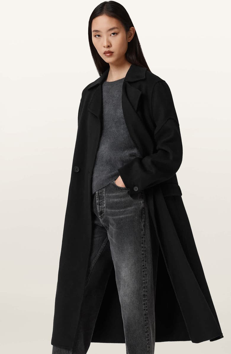 AllSaints Sellma Double Breasted Wool Blend Coat, Alternate, color, Black