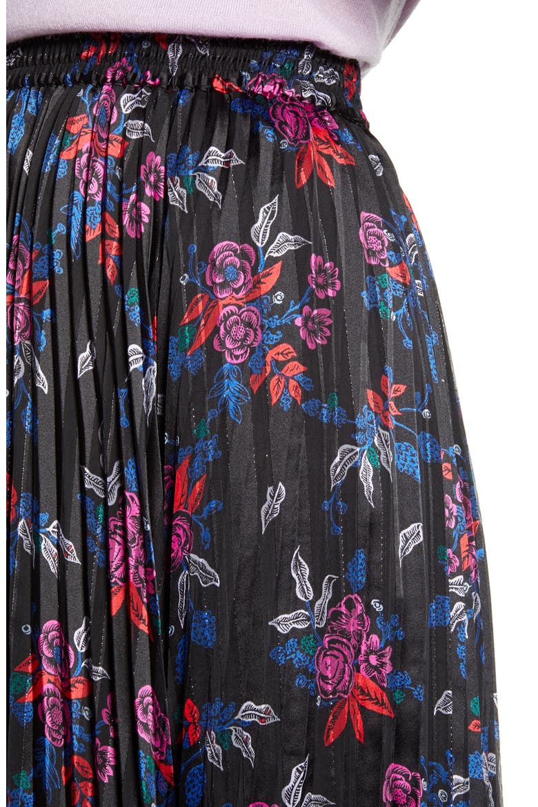 Pleated Woven Midi Skirt, Alternate, color, BLACK MULTI FLORAL