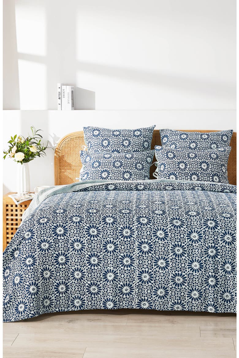 Flower Burst Kantha Cotton Coverlet, Alternate, color, INDIGO