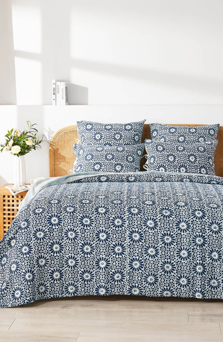 MELANGE HOME Flower Burst Kantha Cotton Coverlet, Alternate, color, Indigo