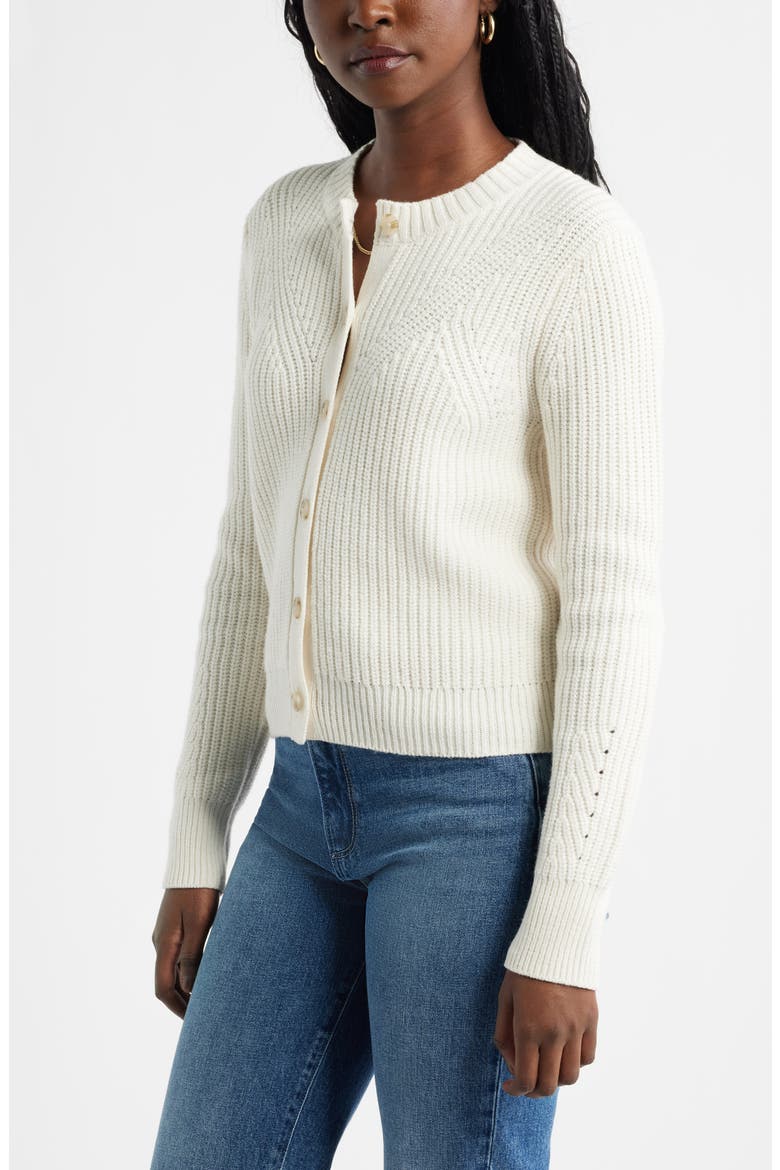 Shaker Stitch Pointelle Pima Cotton & Merino Wool Cardigan, Alternate, color, IVORY PRISTINE