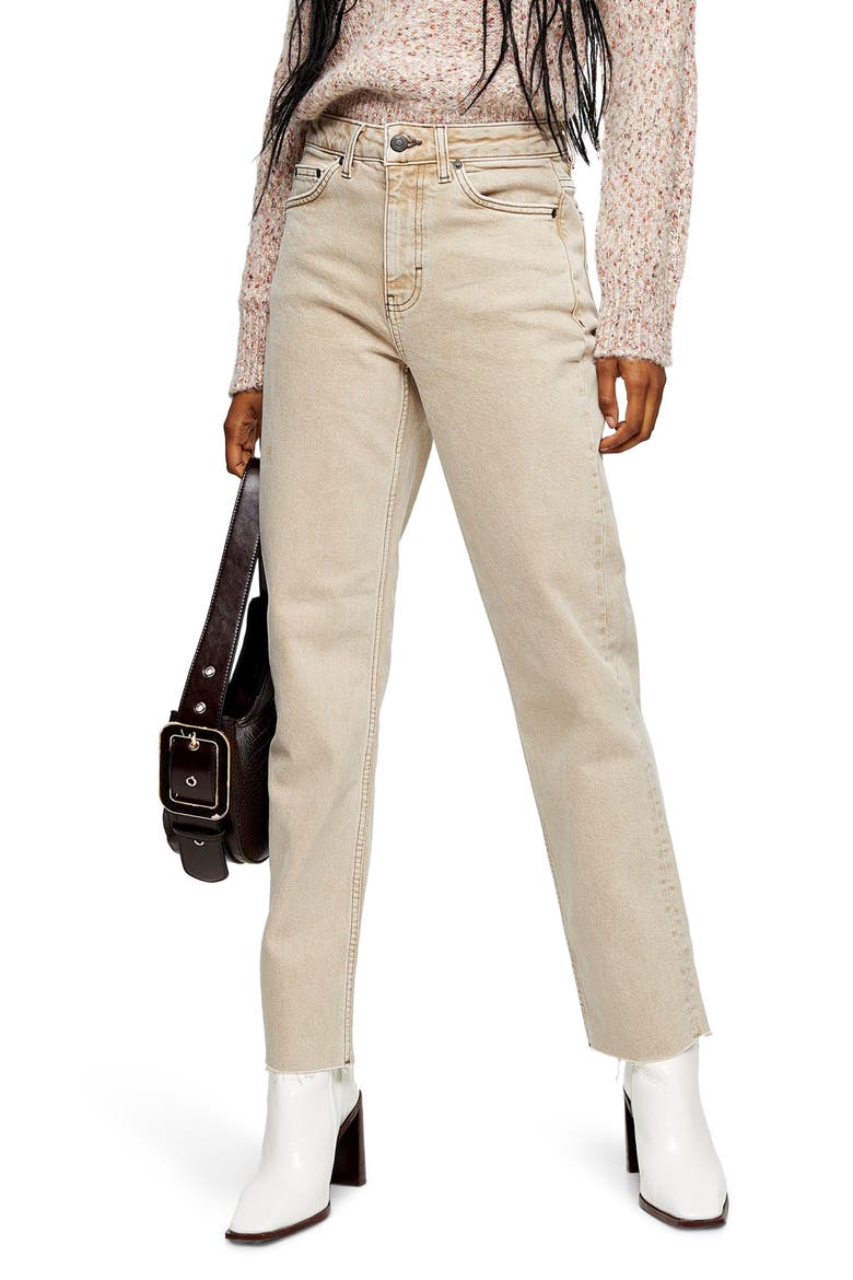 Raw Hem High Waist Straight Leg Jeans, Main, color, STONE