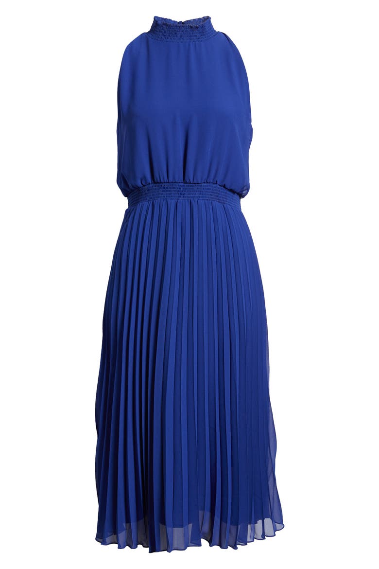 Smocked Plissé Midi Dress, Alternate, color, COBALT