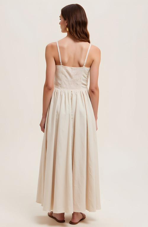 Modenaire Button Front Midi Dress With Spaghetti Straps And Side Pockets In White