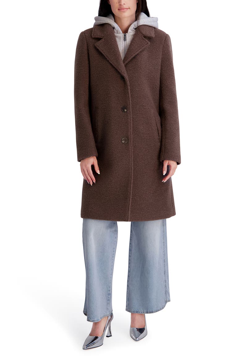 Textured Coat with Hoodie Bib, Alternate, color, CHOCOLATE