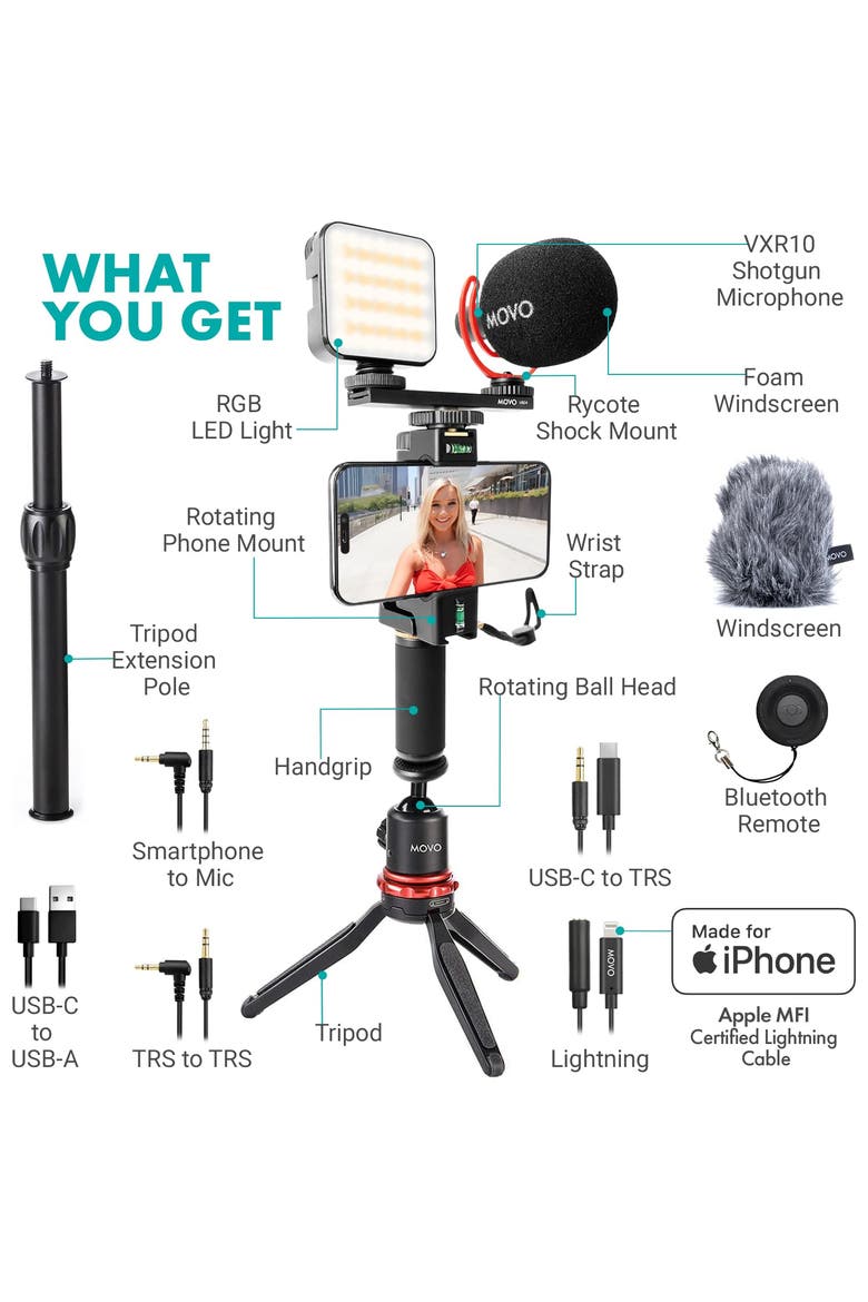 iVlogger-PRO Vlogging Kit for iPhone/Android Smartphones with Mic, Light, Tripod, and More, Alternate, color, Black