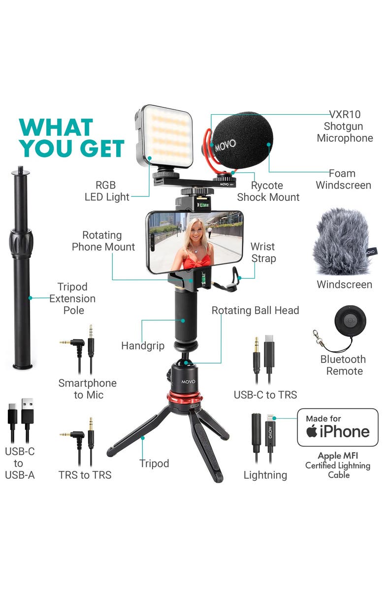MOVO iVlogger-PRO Vlogging Kit for iPhone/Android Smartphones with Mic, Light, Tripod, and More, Alternate, color, Black
