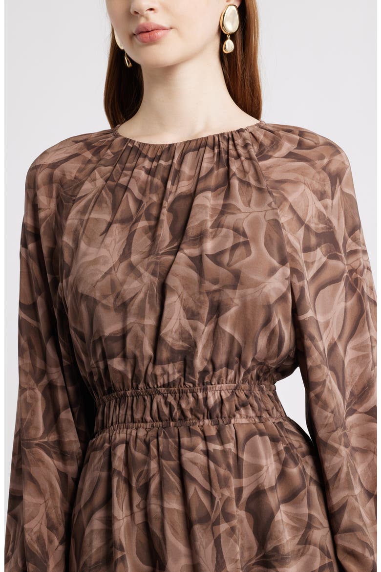 Shirred Waist Long Sleeve Minidress, Alternate, color, BROWN- TAN GLOWING LEAVES
