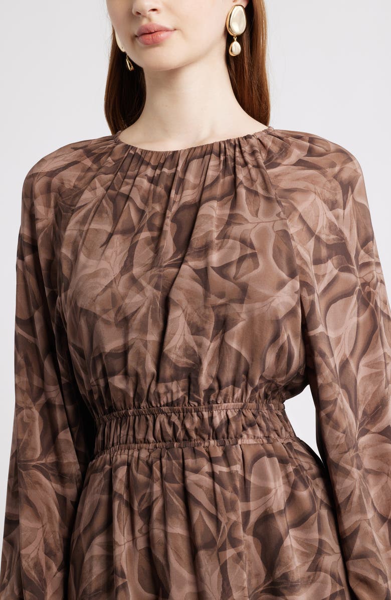 Nordstrom Shirred Waist Long Sleeve Minidress, Alternate, color, Brown- Tan Glowing Leaves