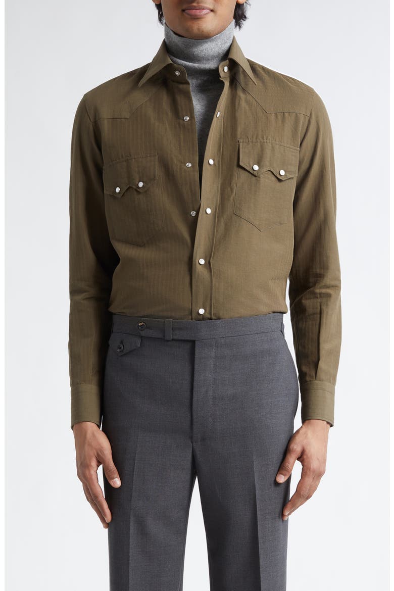 Cotton & Linen Snap-Up Western Shirt, Main, color, OLIVE