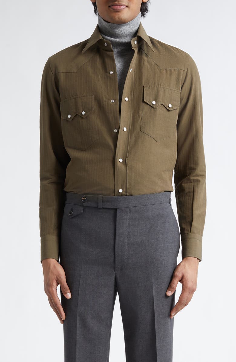 J. Mueser Cotton & Linen Snap-Up Western Shirt, Main, color, Olive