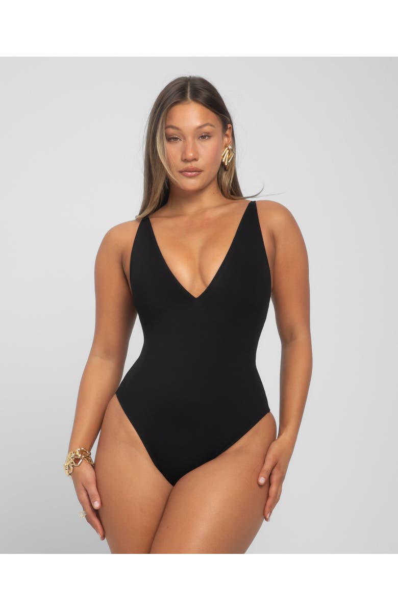 TA3 Mega Sculpting Plunge Brazilain Cut One-Piece Swimsuit, Main, color, Black