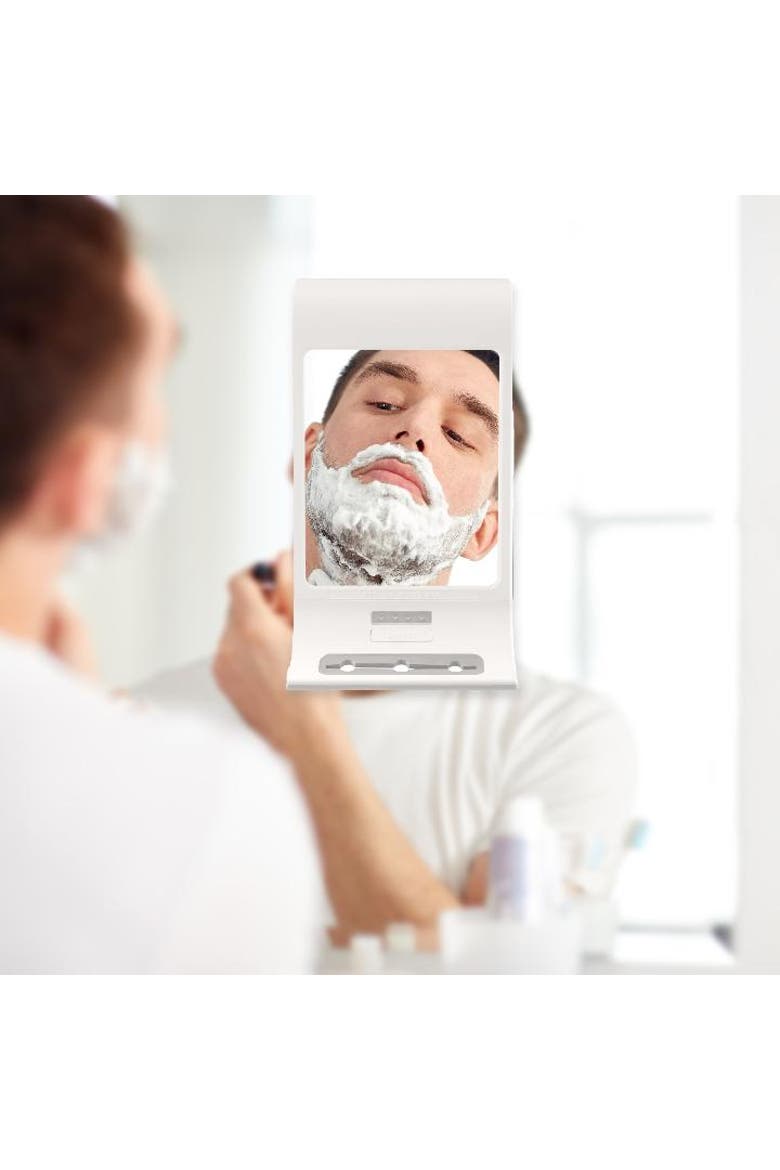 Fogless Lighted Shower Mirror with Suction Cup Mounting & Squeegee, Alternate, color, White