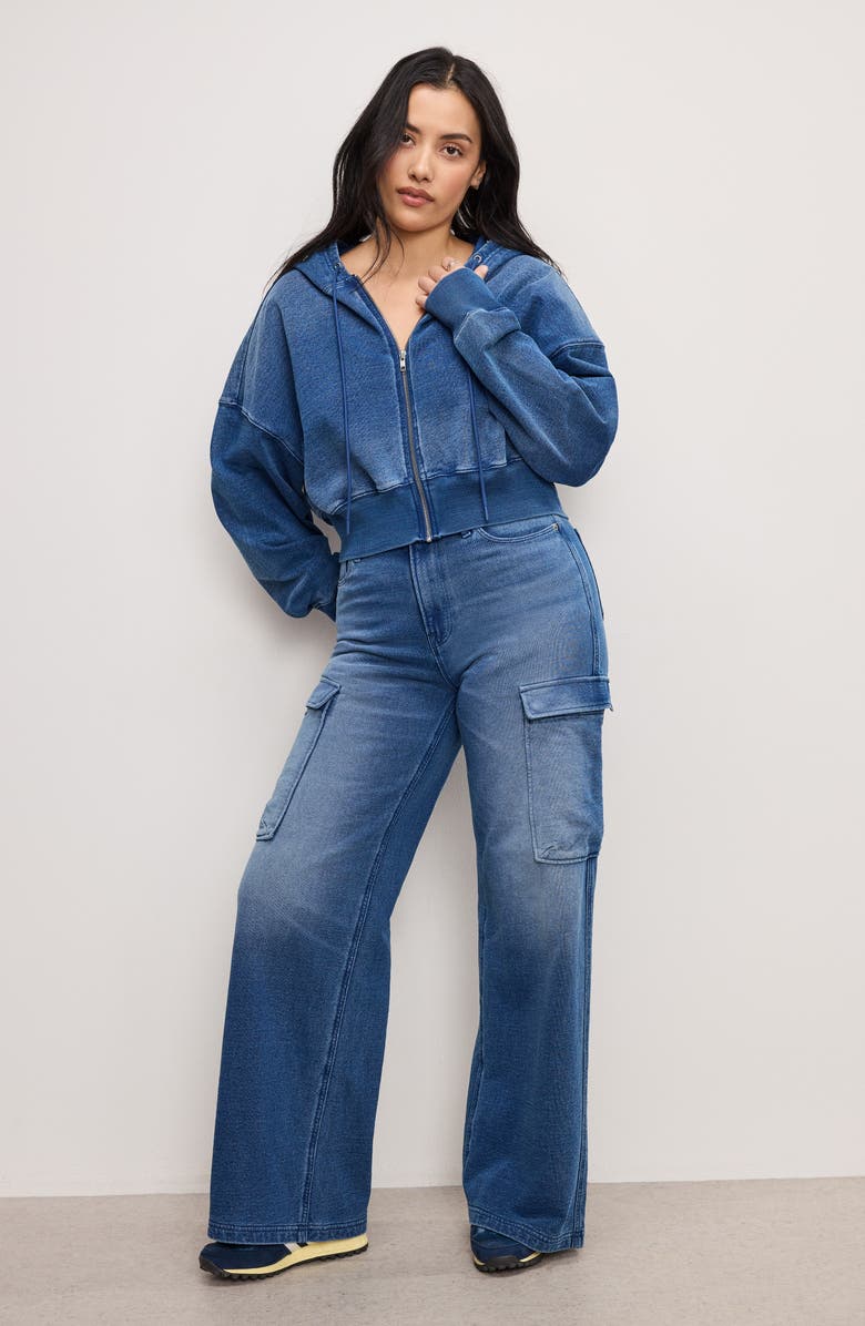 Good American Jeanius Crop French Terry Zip Hoodie, Alternate, color, Indigo900