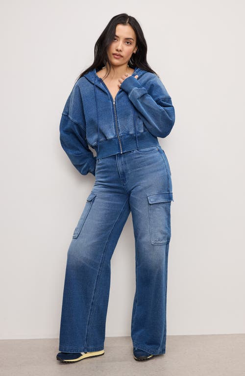 Shop Good American Jeanius Crop French Terry Zip Hoodie In Indigo900