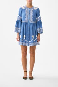Camilla Button Through Mini Dress With Flared Sleeve